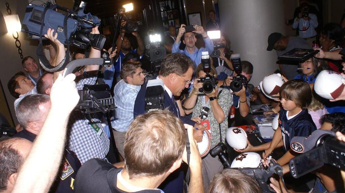 Auburn coach Gus Malzahn arrives at SEC Media Days in Hoover, Alabama on Monday July 11, 2016.