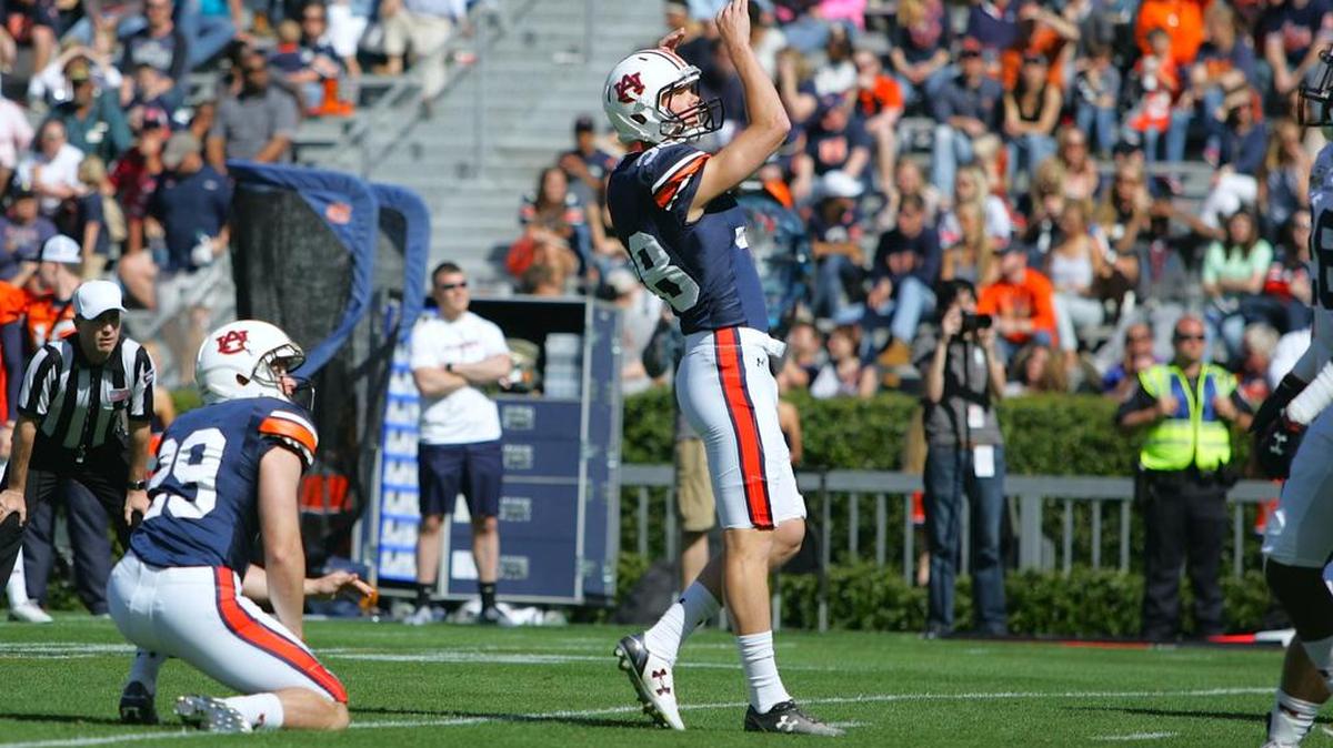 Auburn placekicker Daniel Carlson watches a field goal go through the uprights during A-Day in 2016.