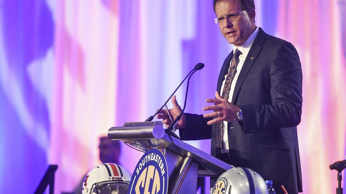 Auburn coach Gus Malzahn speaks at SEC Media Day on Monday, July 11, 2016.