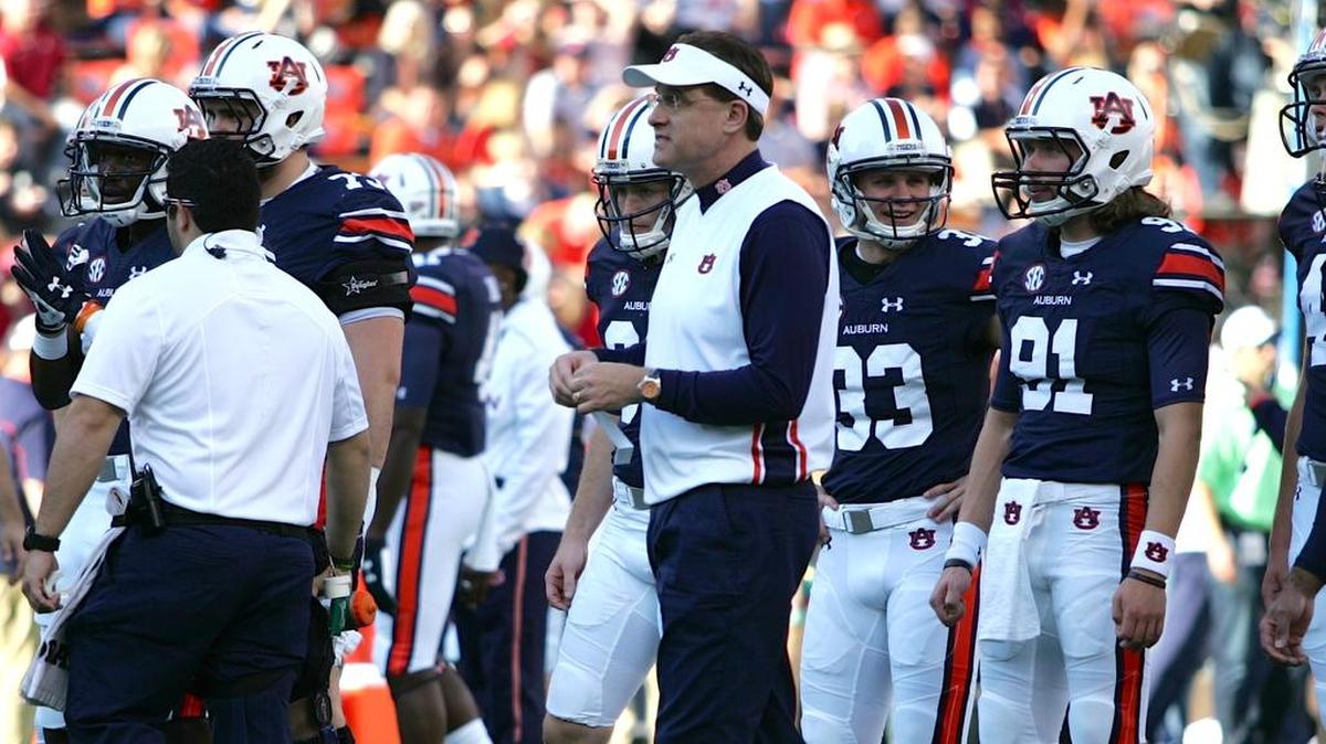 Auburn coach Gus Malzahn during the pregame warmups before a game against Alabama.