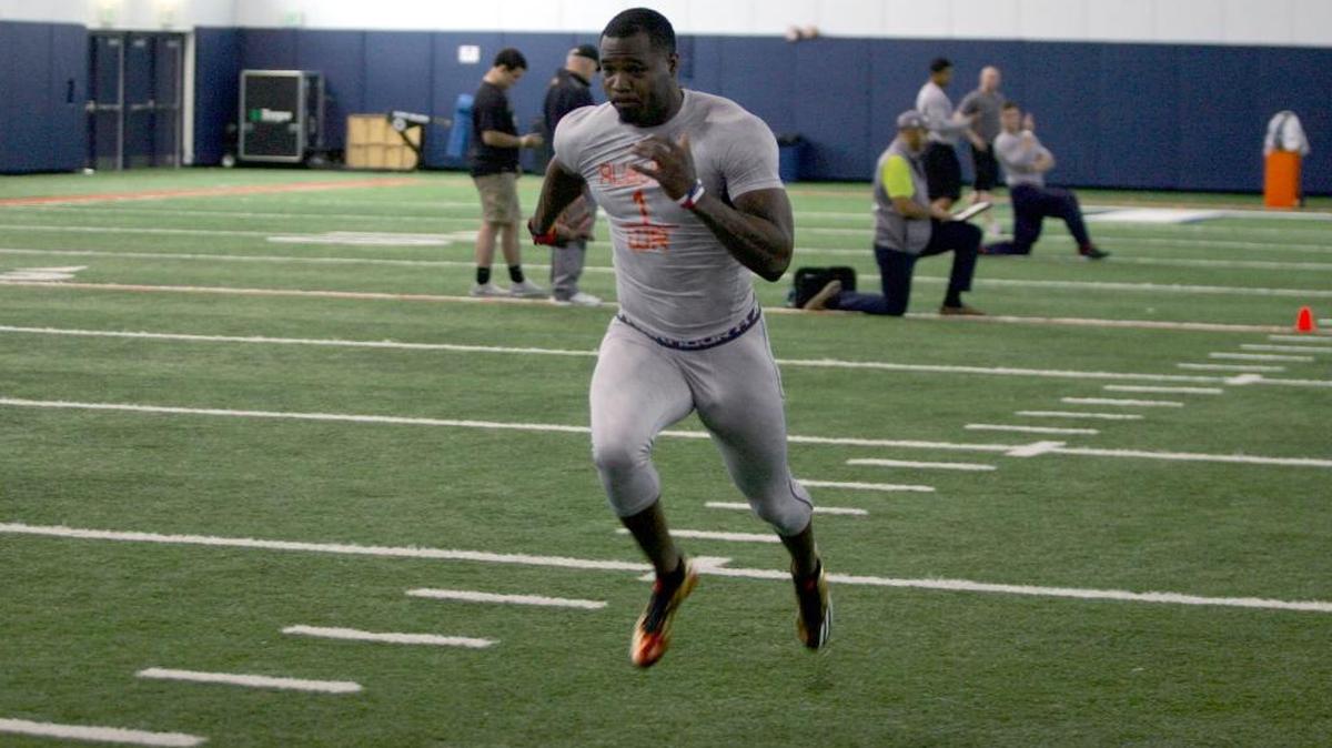 Former Auburn wide receiver Duke Williams runs the 40-yard dash at the program's pro day Monday, March 7, 2016 at the university's athletic complex.