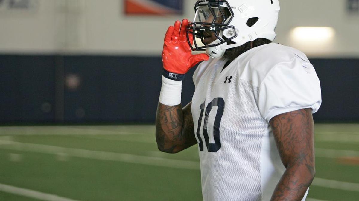 Auburn defensive lineman Paul James call to a teammated at practice on Friday, Aug. 5, 2016 at the university's athletic complex.