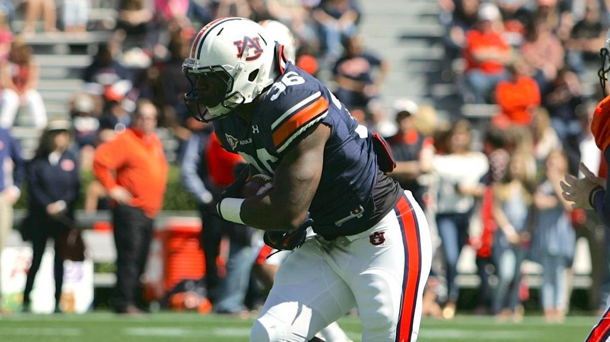 Auburn fullback Kamryn Pettway carries the ball prior to A-Day at Jordan-Hare Stadium on April 9, 2016.