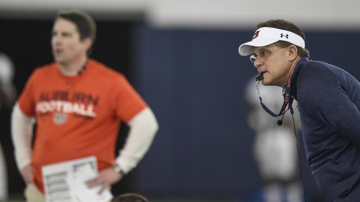 Auburn coach Gus Malzahn watches his players during practice.