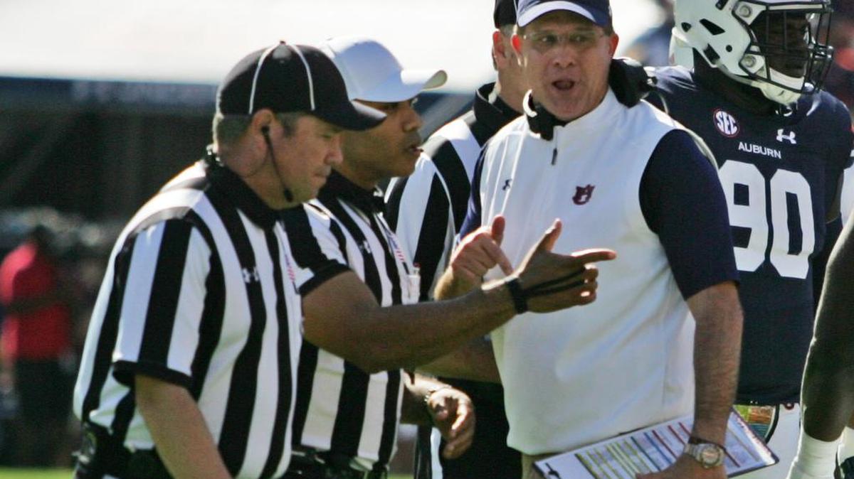 Auburn coach Gus Malzahn argues with officials in the first quarter against Vanderbilt Saturday, Nov. 5, 2016 at Jordan-Hare Stadium.