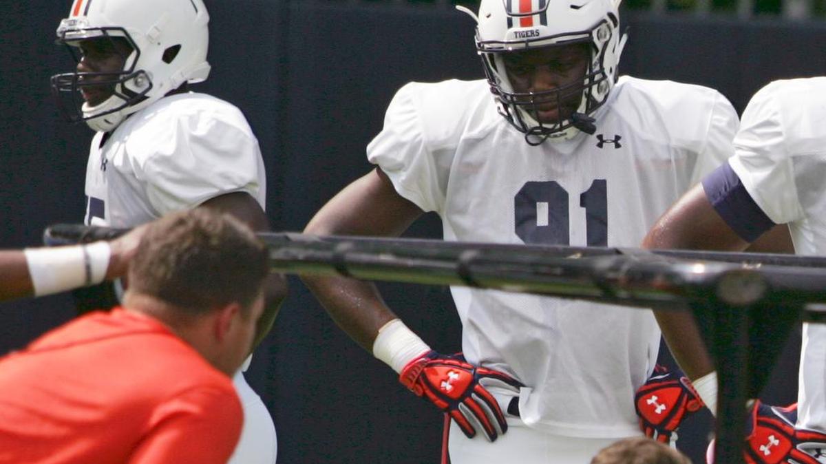 Auburn defensive lineman Nick Coe practices in pads for the on Sunday, Aug. 7, 2016 at the university's athletic complex.
