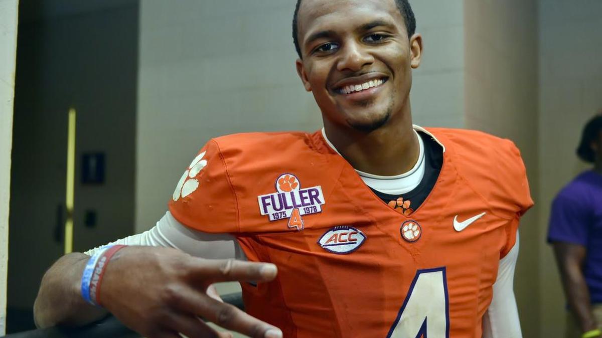 Clemson quarterback Deshaun Watson poses for a photo after their 23-17 win over Florida State in an NCAA college football game last season.