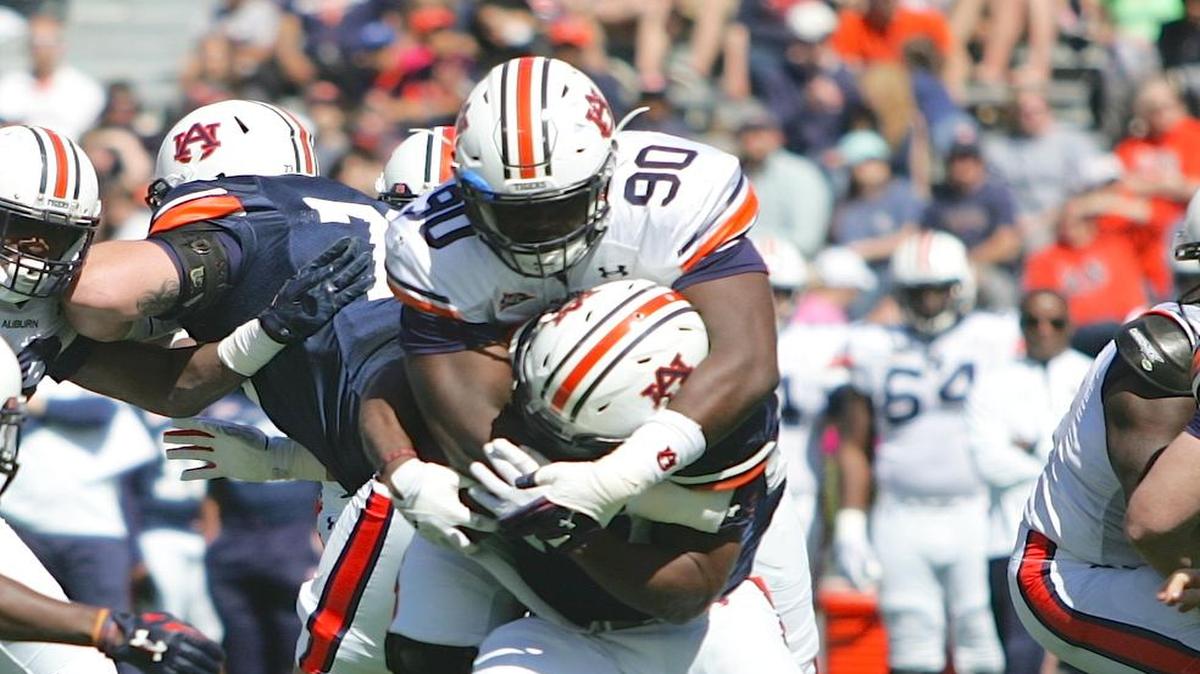 Auburn defensive lineman Maurice Swain, No. 90, tackles running back Jovon Robinson behind the line of scrimmage on April 9, 2016.