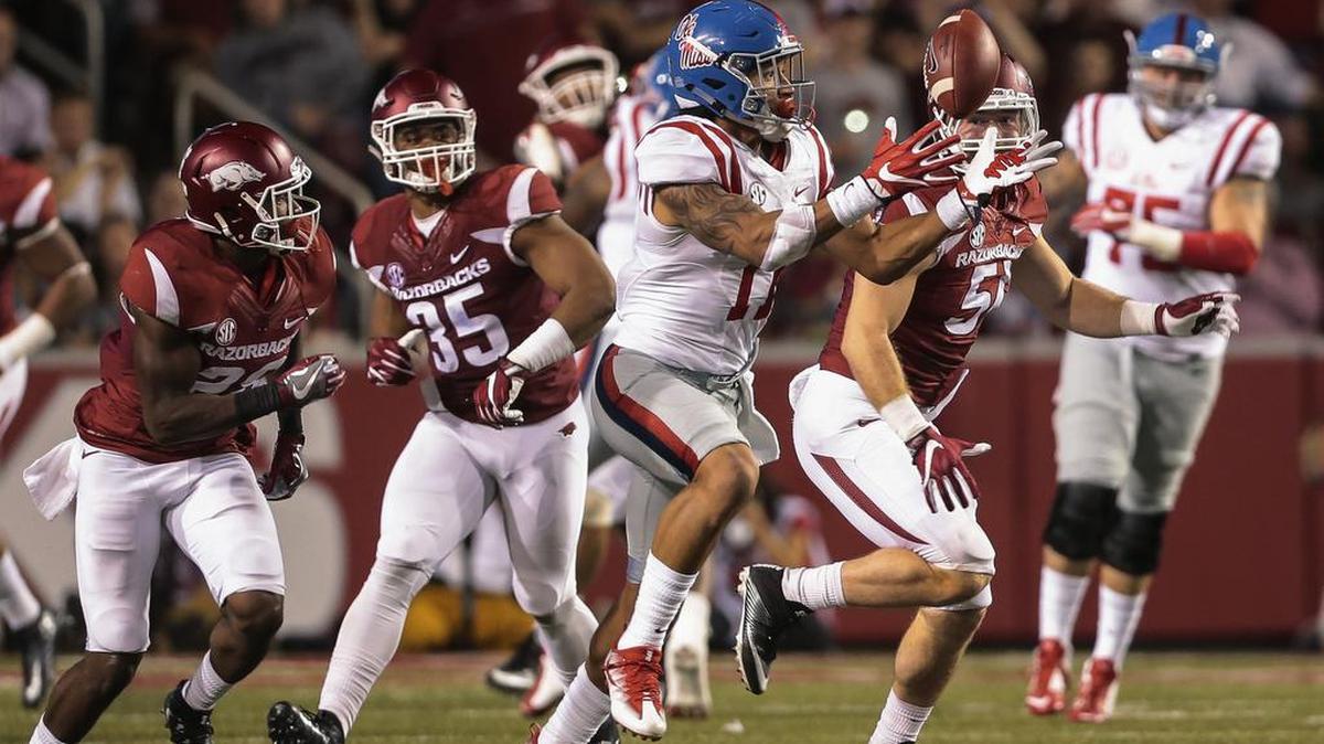 Mississippi tight end Evan Engram (17) catches for a big gain against Arkansas on Oct. 15.