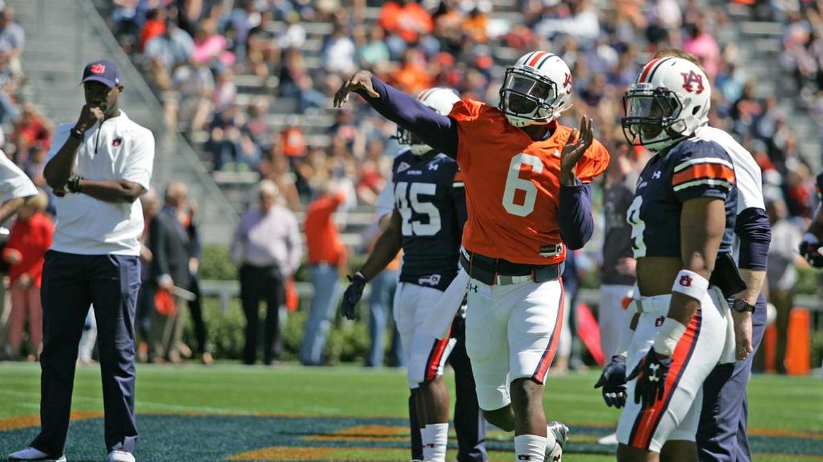 Auburn quarterback Jeremy Johnson warms up before A-Day at Jordan-Hare Stadium on Saturday, April 10, 2016.
