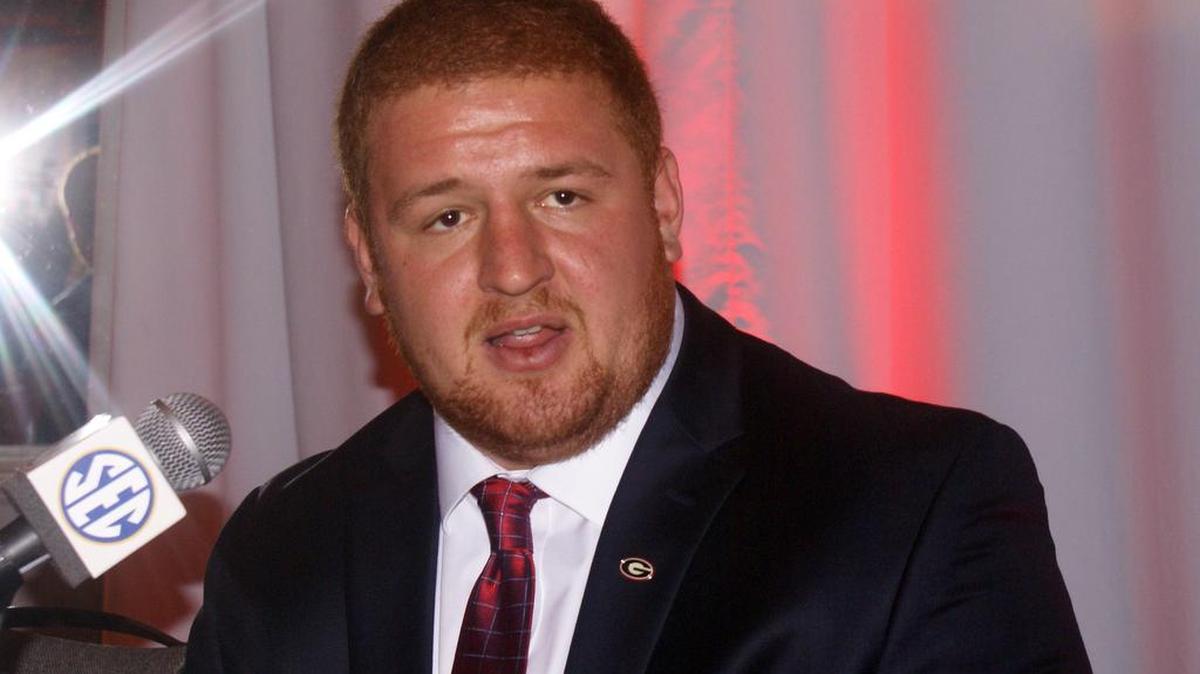 Georgia offensive lineman Brandon Kublanow speaks to reporters at SEC Media Days on Tuesday, July 12, 2016.