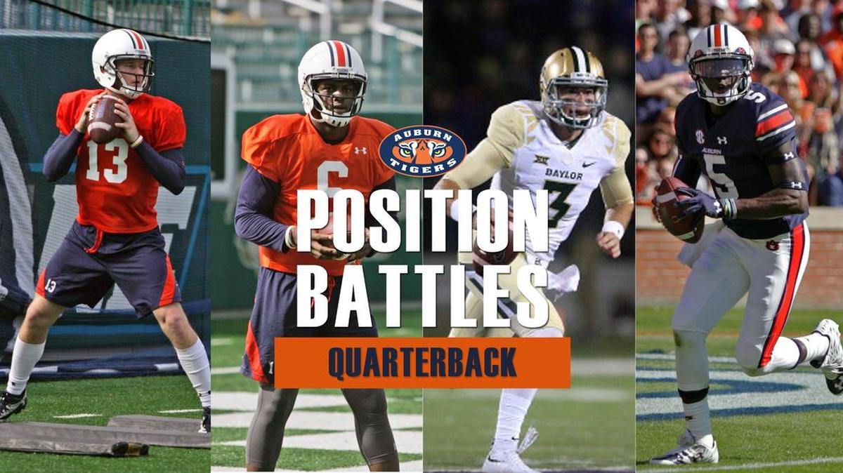 Auburn quarterbacks competing for the starting job this spring include (from left to right) Sean White, Woody Barrett, Jarrett Stidham and John Franklin III.