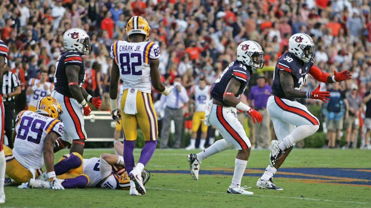 Auburn linebacker Tre' Williams celebrates what he tought was a clean hit on LSU quarterback Danny Etling Saturday, Sept. 24, 2016 at Jordan-Hare Stadium.
