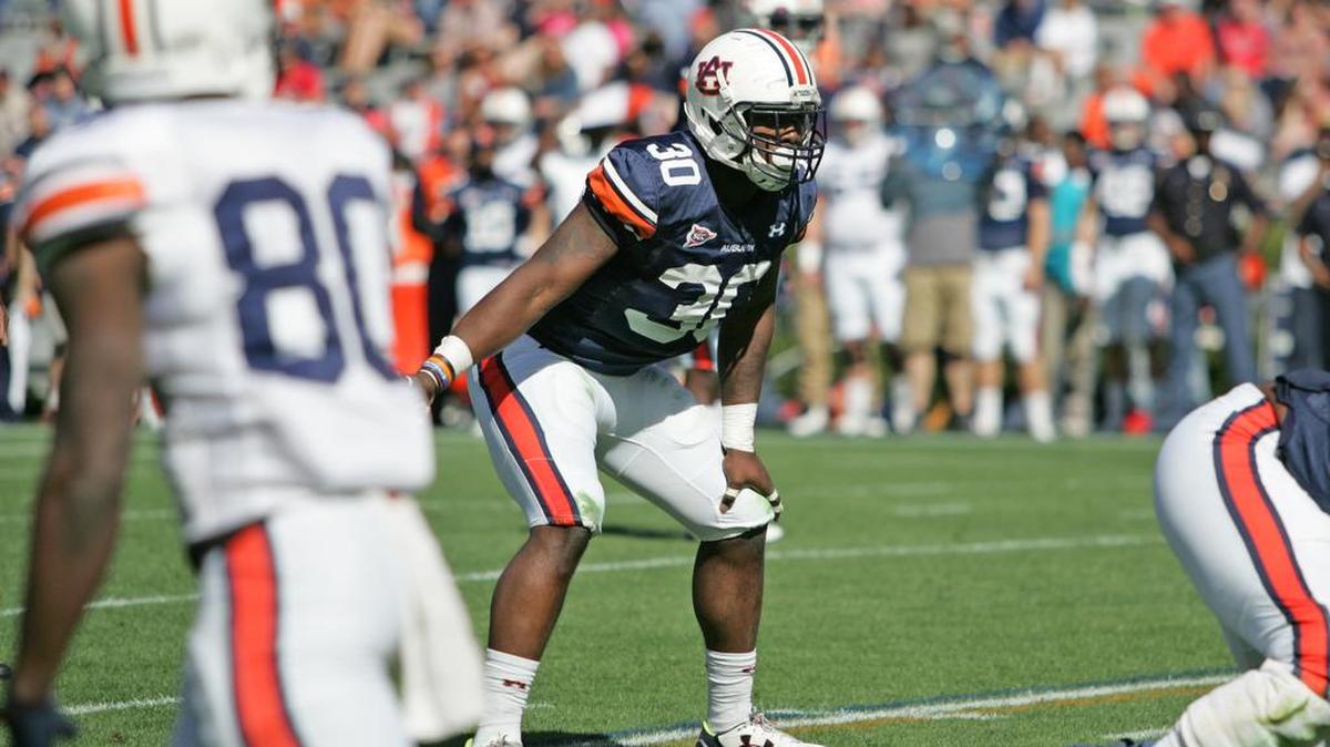 Auburn linebacker Tre Williams awaits the snap on A-Day at Jordan-Hare Stadium Saturday, April 9, 2016.