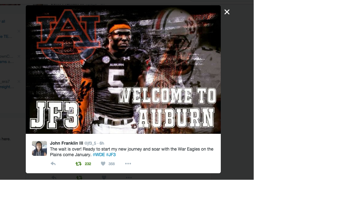 Junior college transfer, and former Florida St. quarterback John Franklin III announced on Twitter he plans on joining Auburn.