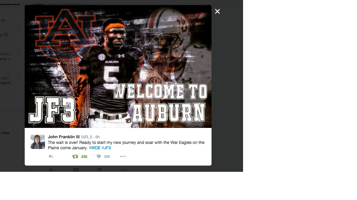 Junior college transfer, and former Florida St. quarterback John Franklin III announced on Twitter he plans on joining Auburn.