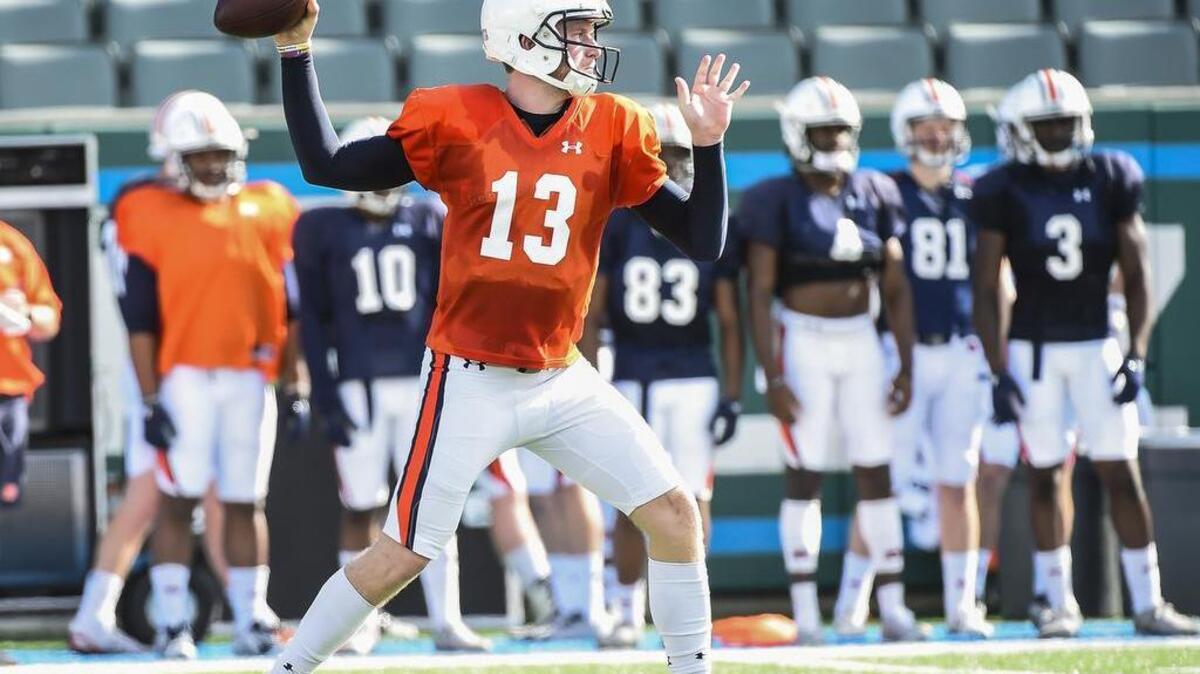 Auburn quarterback Sean White throws at practice for the Sugar Bowl on Wednesday, Dec. 28, 2016 in New Orleans, La.