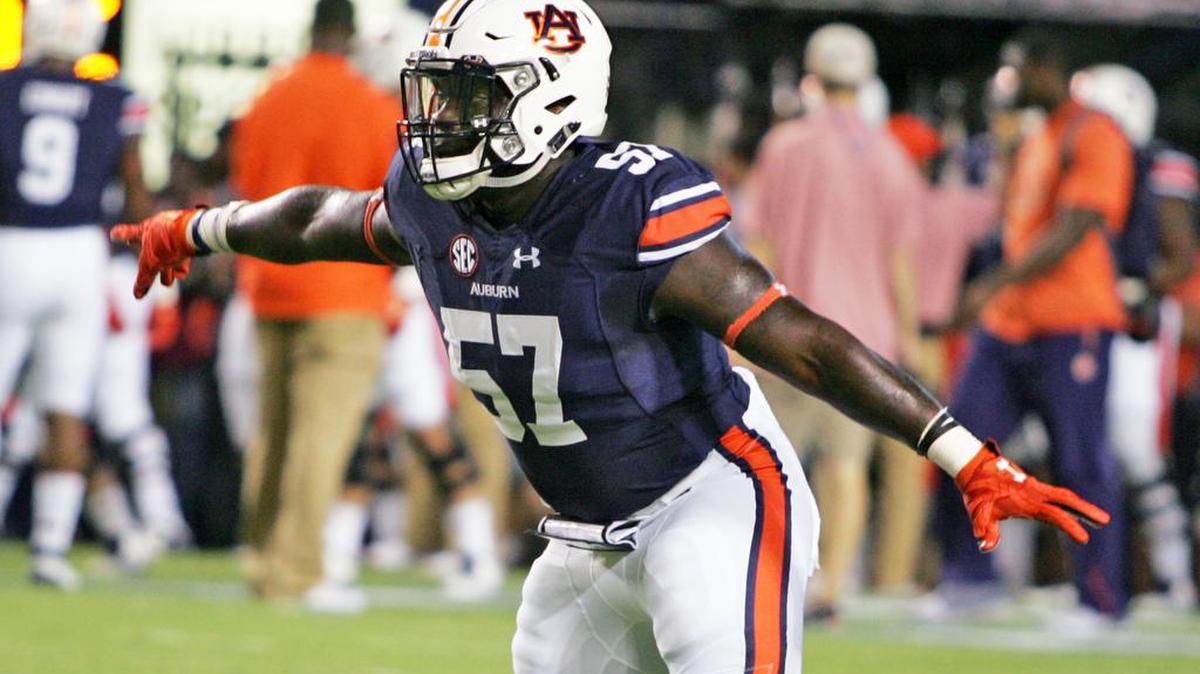 Auburn linebacker Deshaun Davis runs drills before playing Clemson Saturday, Sept. 3, 2016 at Jordan-Hare Stadium.