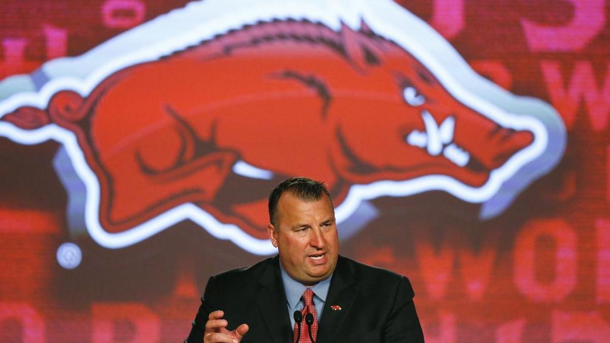 Arkansas coach Bret Bielema speaks to the media at the Southeastern Conference NCAA college football media days, Wednesday, July 13, 2016, in Hoover, Ala.