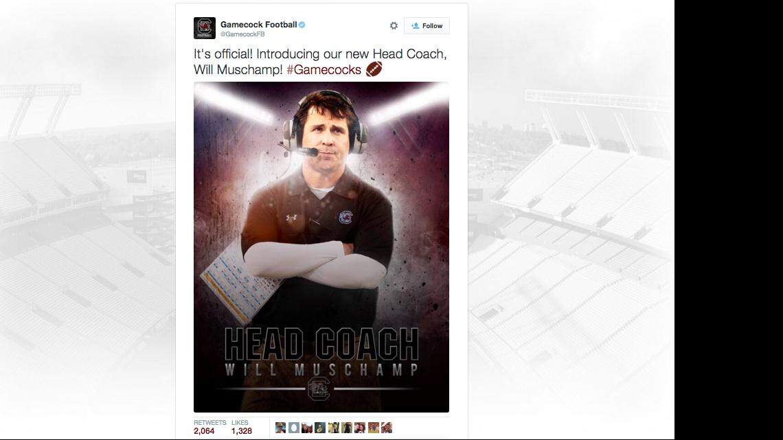 South Carolina tweeted out the official announcement that Will Muschamp is the football program's next coach. 