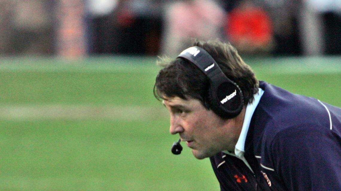 Auburn defensive coordinator Will Muschamp watches his group play Alabama at Jordan-Hare Stadium Saturday, Nov. 28, 2015.  