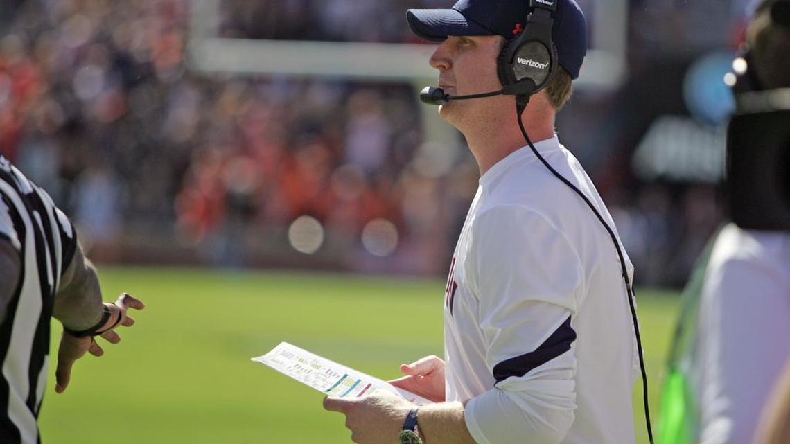 Auburn offensive coordinator Rhett Lashlee on the sidelines with the team playing Vanderbilt Saturday, Nov. 5, 2016 at Jordan-Hare Stadium