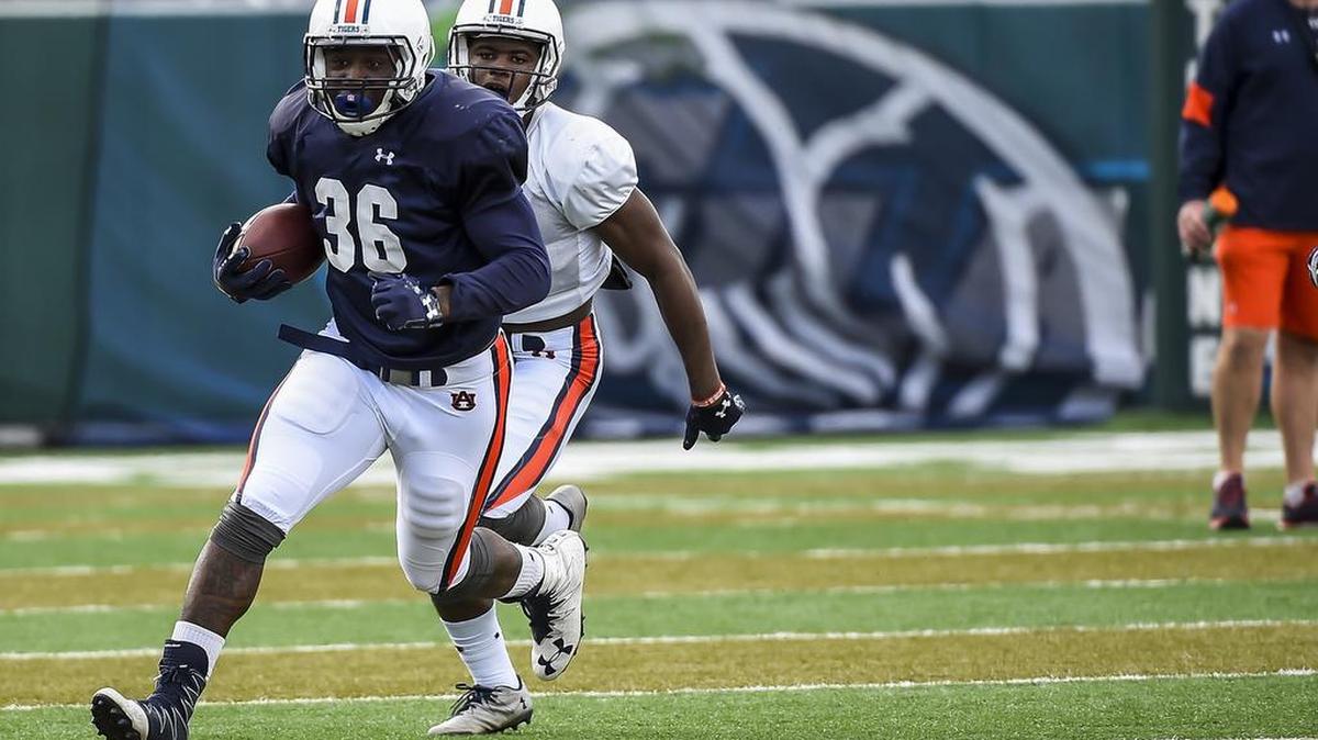 Auburn running back Kamryn Pettway, No. 36, practices for the Sugar Bowl on Wednesday, Dec. 28, 2016 in New Orleans, La.