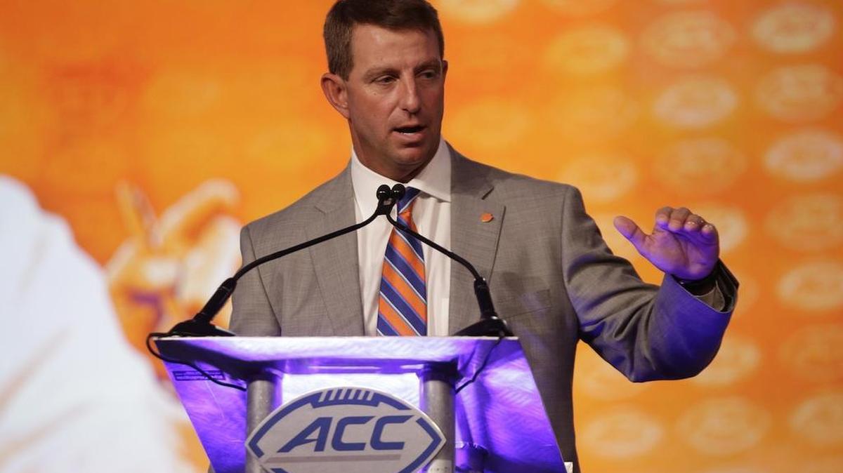 Clemson head coach Dabo Swinney speaks during a news conference at the Atlantic Coast Conference Football Kickoff in Charlotte, N.C., Friday, July 22, 2016. (AP Photo/Chuck Burton)