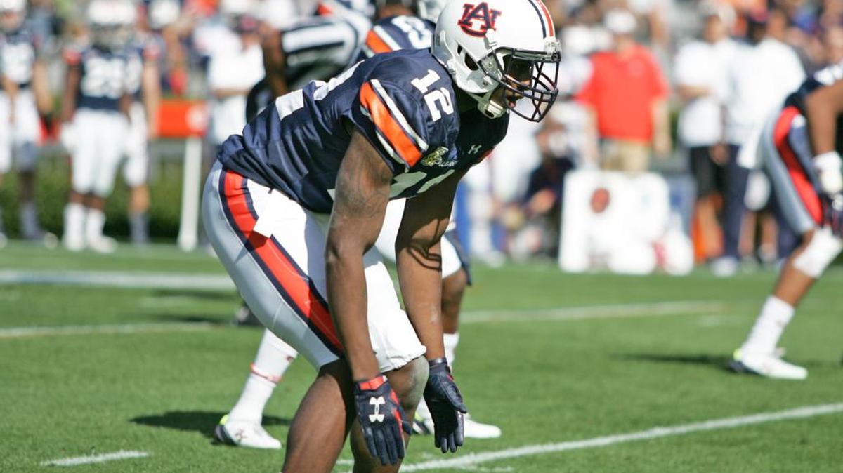 Auburn defensive back Jamel Dean lines up at the line of scrimmage on A-Day at Jordan-Hare Stadium.