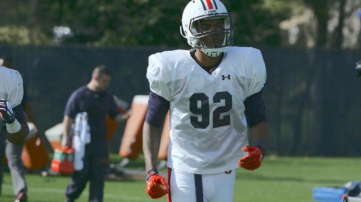 Auburn defensive lineman Justin Thomas-Thornton gets ready for drills during spring practice on March 22, 2016.