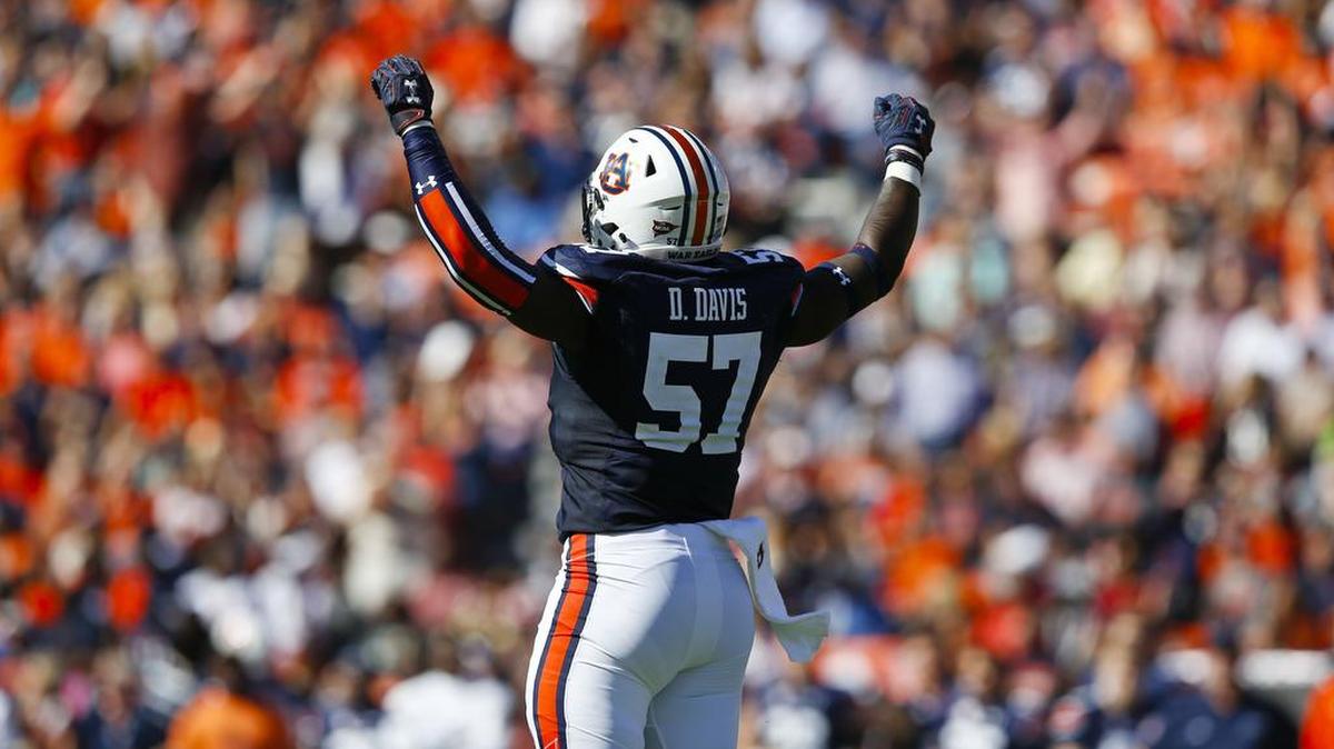 Auburn linebacker Deshaun Davis reacts after getting ejected for targeting against Vanderbilt Saturday, Nov. 5, 2016 at Jordan-Hare Stadium.