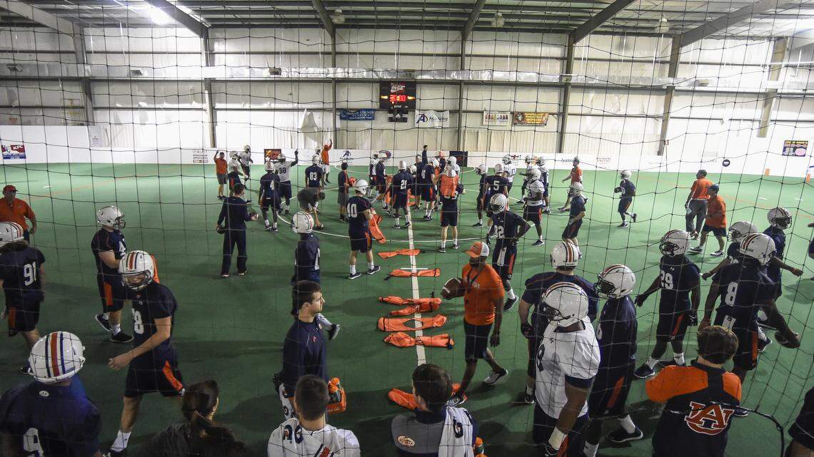 The Auburn football team practices at Sports Blast Shelby County Monday, Dec. 28, 2015, in Birmingham, Ala. (Wade Rackley | Auburn Athletics)