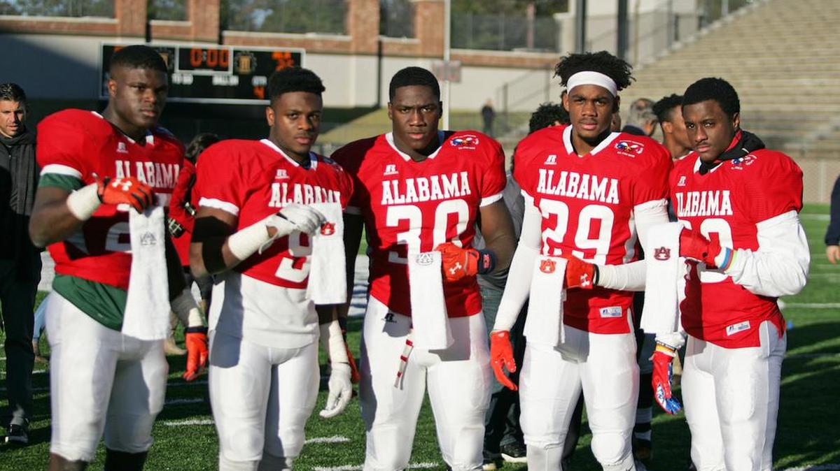 Auburn verbal commits — from left to right T.D. Moultry, Noah Igbinoghene, Kenney Britt, Jordyn Peters and Malcolm Askew — play in the Alabama-Mississippi 30th Annual All-Star Game at Cramton Bowl Saturday, Dec. 10, 2016.