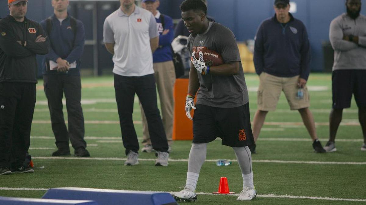 Auburn running back Peyton Barber gets ready to run drills at the program's Pro Day in March.