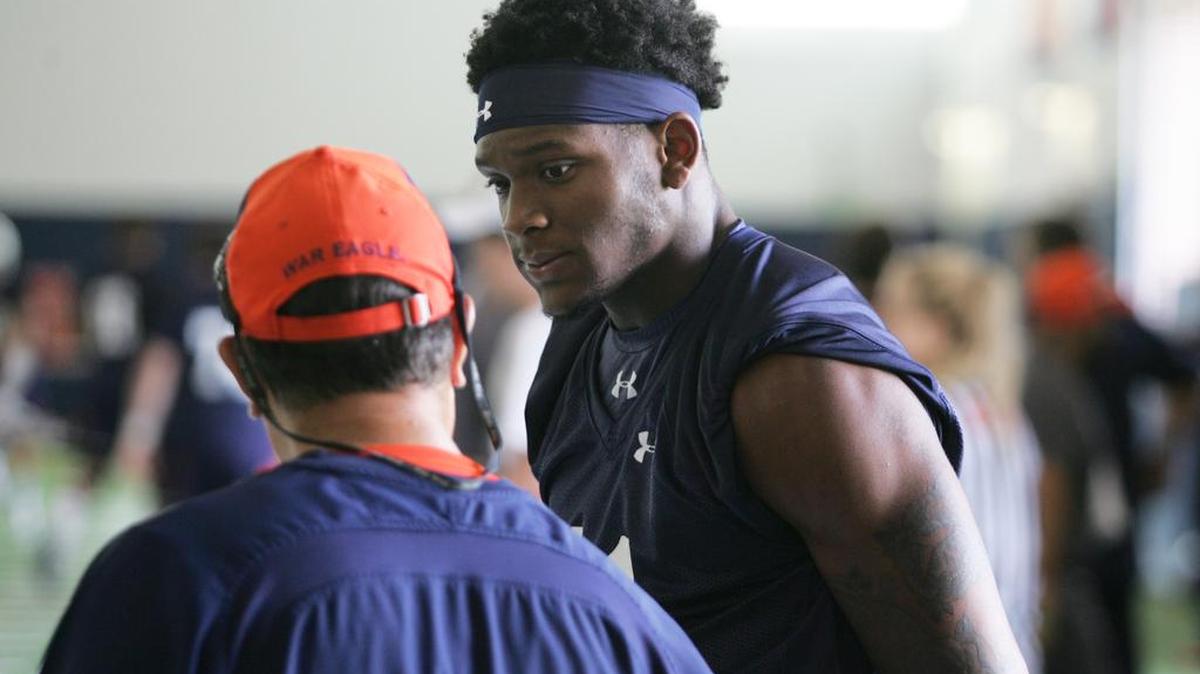 Auburn wide receiver Kyle Davis watches practice from the sidelines on Thursday, Aug. 4, 2016 at the university's athletic complex.