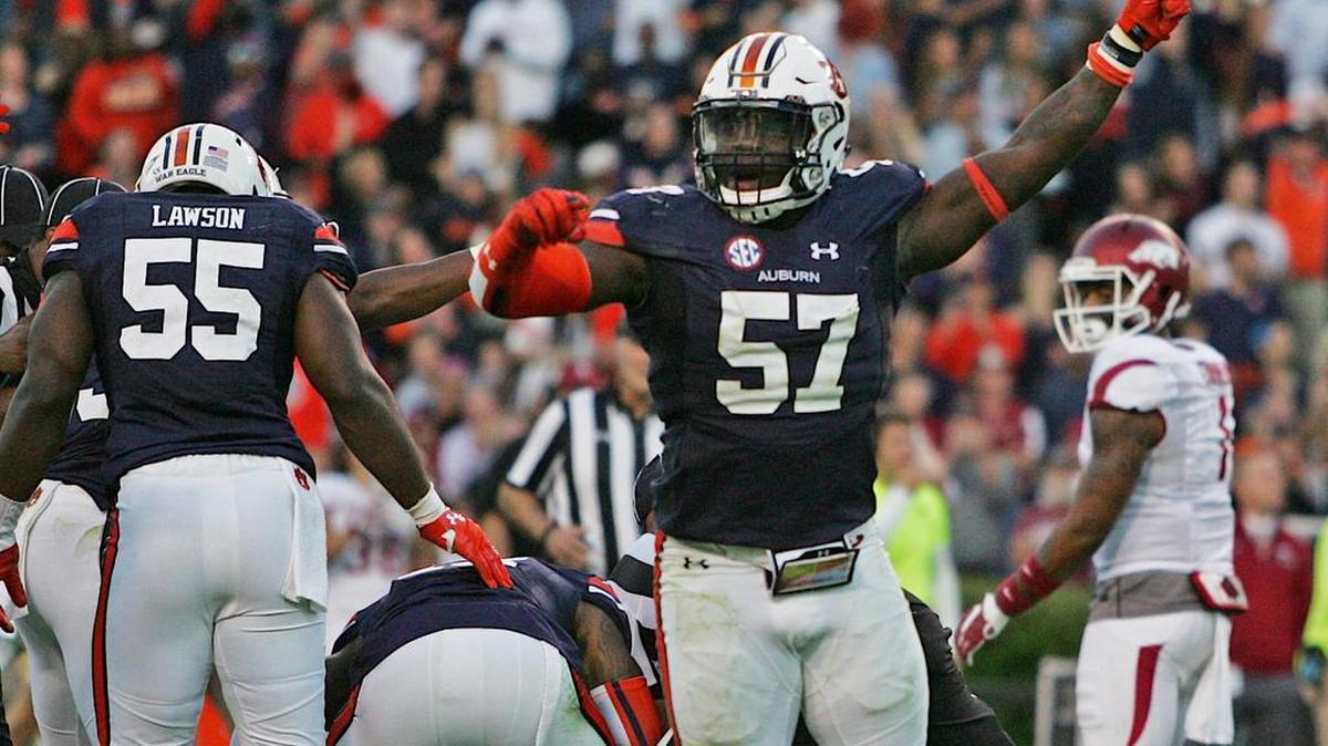 Auburn linebacker Deshaun Davis celebrates a forced fumble against Arkansas Saturday, Oct. 22, 2016 at Jordan-Hare Stadium.