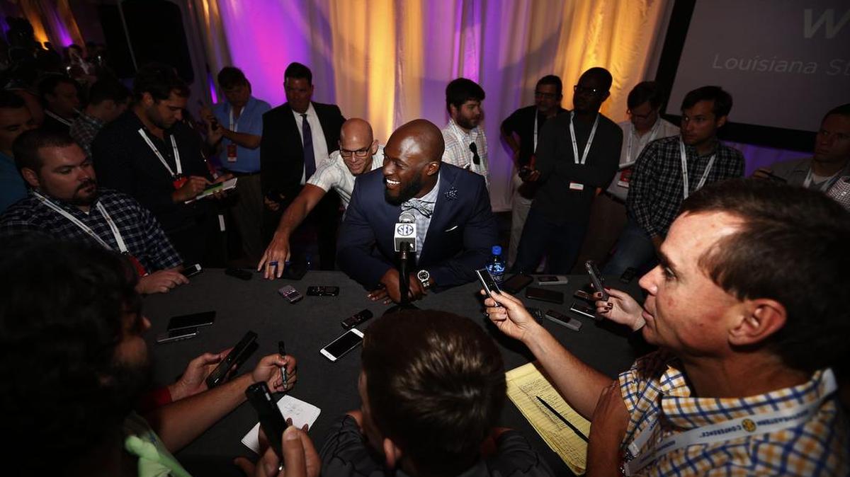 LSU running back Leonard Fournette speaks to the media at the Southeastern Conference NCAA college football media days, Thursday, July 14, 2016.