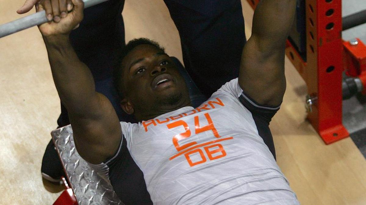 Former Auburn defensive Blake Countess does the bench press at the program's pro day Monday, March 7, 2016 at the university's athletic complex.