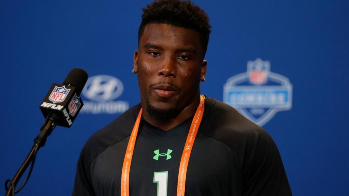 Auburn running back Peyton Barber speaks during a press conference at the NFL football scouting combine in Indianapolis, Wednesday, Feb. 24, 2016.