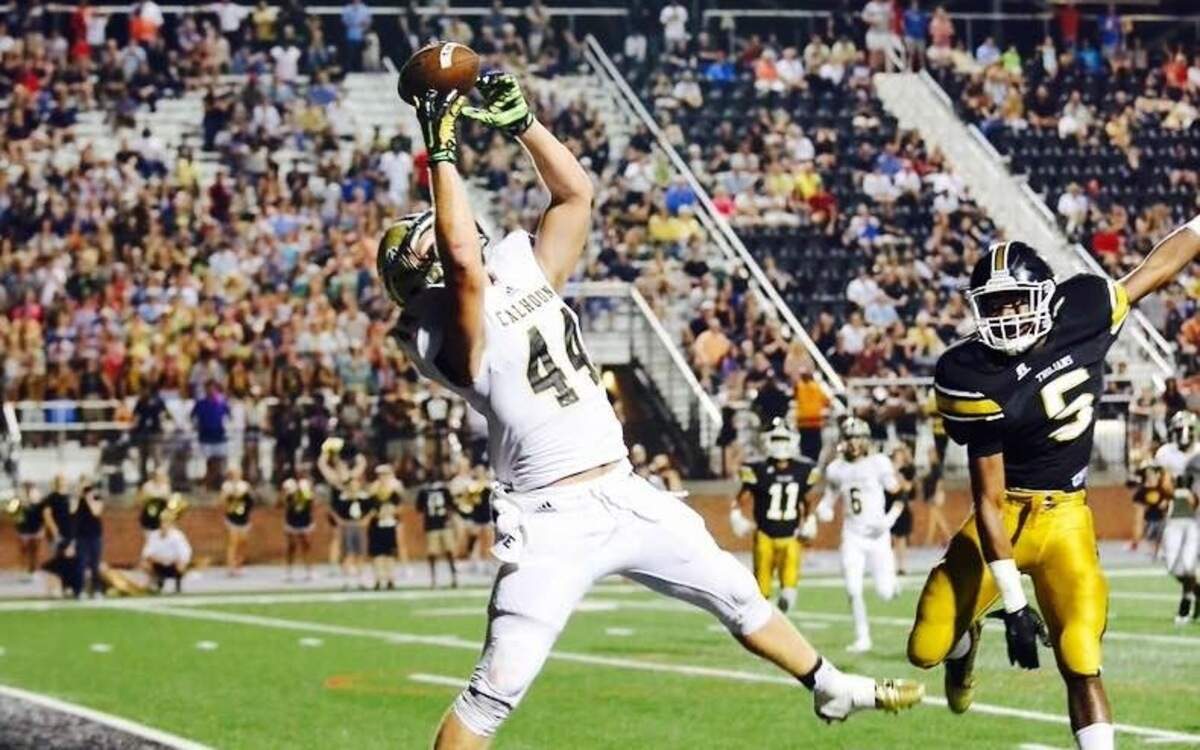 Calhoun tight end Landon Rice catches a pass in the end zone. (Courtesy)