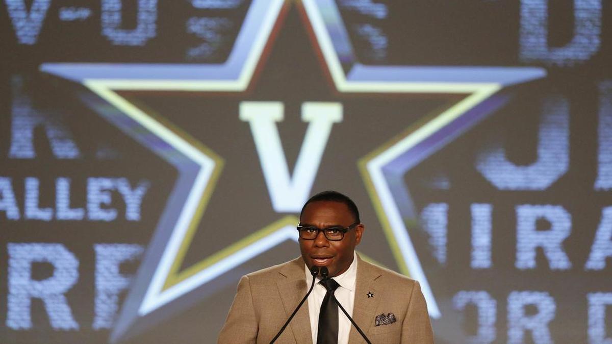 Vanderbilt coach Derek Mason speaks to the media at the Southeastern Conference Media Days on in Hoover, Ala.