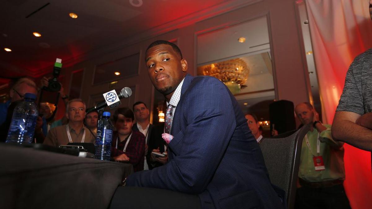 Alabama tight end O.J. Howard speaks to the media at the Southeastern Conference NCAA college football media days, Wednesday, July 13, 2016, in Hoover, Ala.