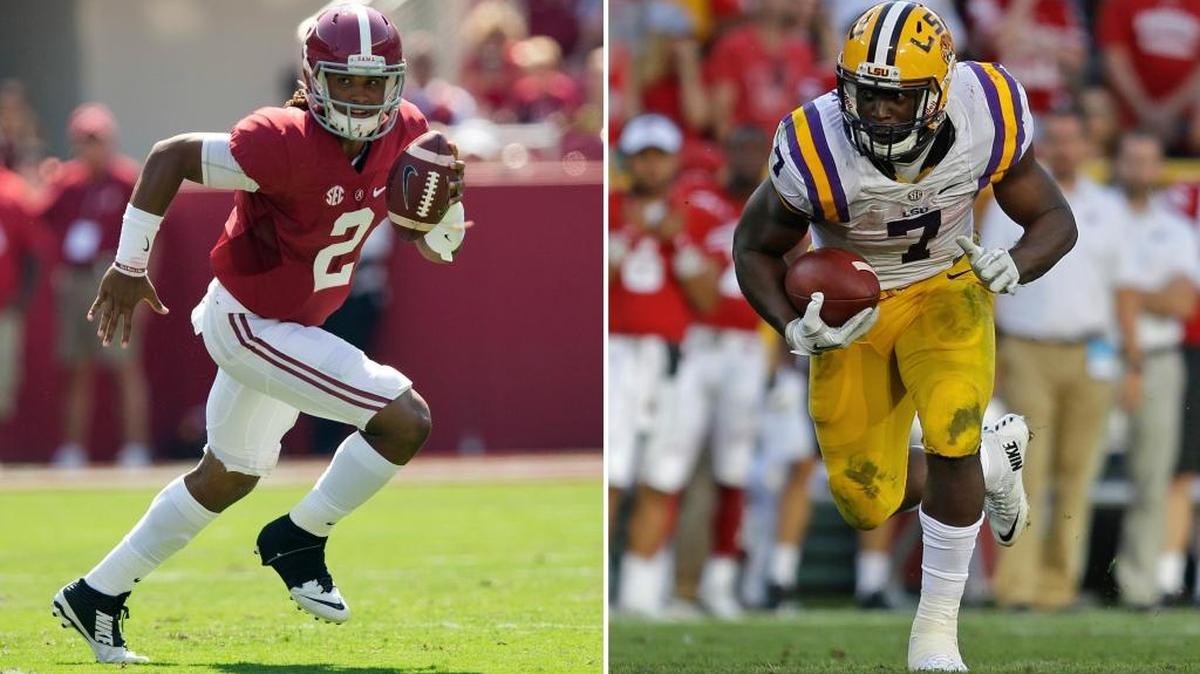 At left, in a Sept. 24 file photo, Alabama quarterback Jalen Hurts runs the ball during a game against Kent State, in Tuscaloosa, Ala. At right, in a Sept. 3 file photo, LSU’s Leonard Fournette (7) runs during a game against Wisconsin, in Green Bay, Wis. Publicly, LSU running back Leonard Fournette has been largely silent about the perceived score he and the No. 15 Tigers have to settle with top-ranked Alabama.