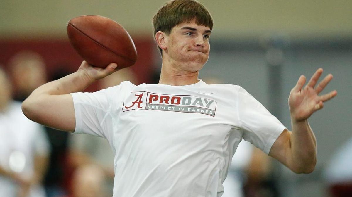 Quarterback Jake Coker throws a pass during drills during Alabama's NFL football Pro Day, Wednesday, March 9, 2016, in Tuscaloosa, Ala. The event is to showcase players for the upcoming NFL football draft.