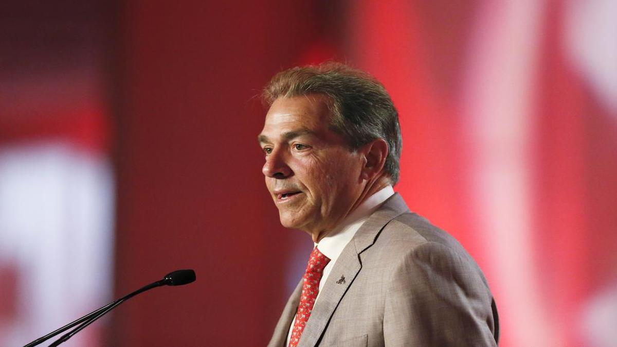 Alabama coach Nick Saban speaks to the media at the Southeastern Conference Media Days on July 13 in Hoover, Ala.