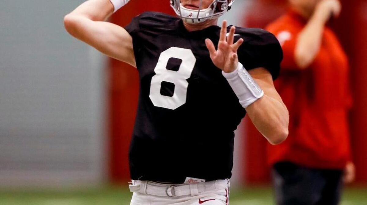 Alabama quarterback Blake Barnett (8) works through drills during football practice Saturday at the Hank Crisp Indoor Facility in Tuscaloosa, Ala.