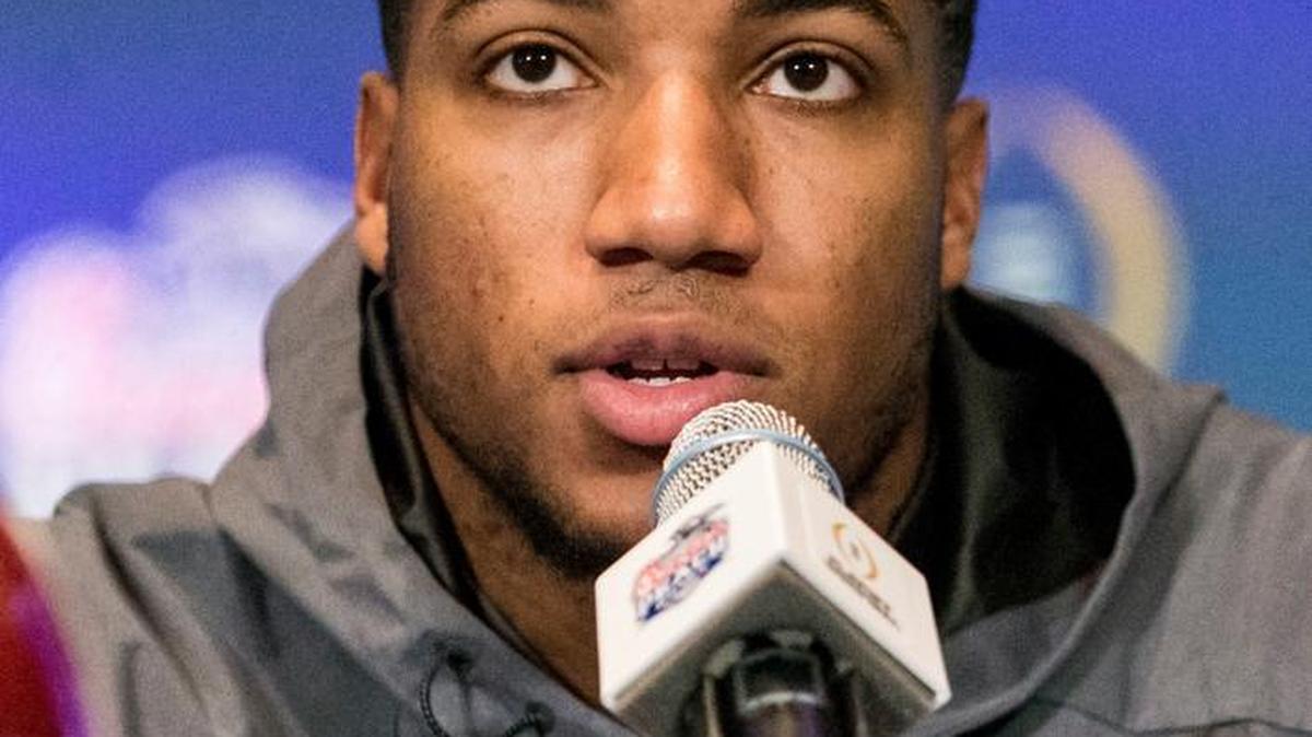 Alabama defensive back Marlon Humphrey (26) talks with the media Tuesday during a press conference for the Peach Bowl at Hyatt Regency Atlanta in Atlanta, Ga.