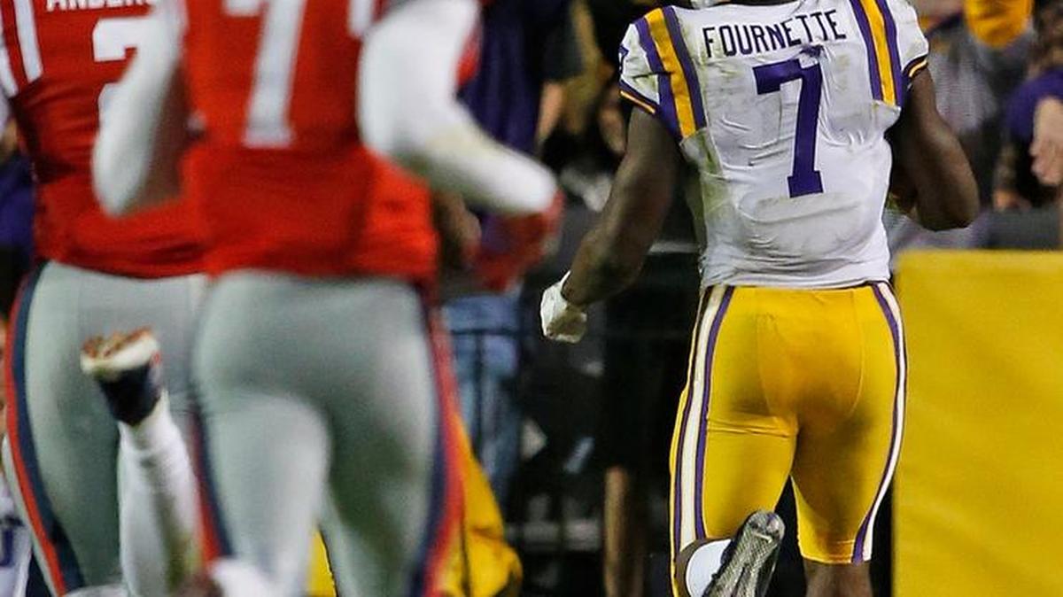 LSU running back Leonard Fournette looks back as he runs into the end zone for a touchdown against Mississippi on Oct. 22.