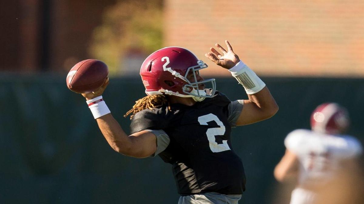 Alabama quarterback Jalen Hurts works through drills during practice Tuesday at the Thomas-Drew Practice Fields in Tuscaloosa, Ala.