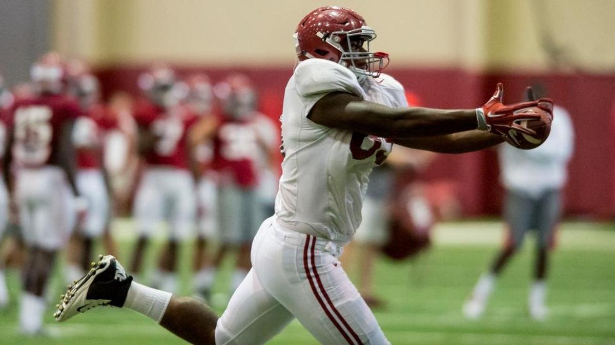 Alabama tight end Brandon Green reaches for the ball during practice earlier this month.